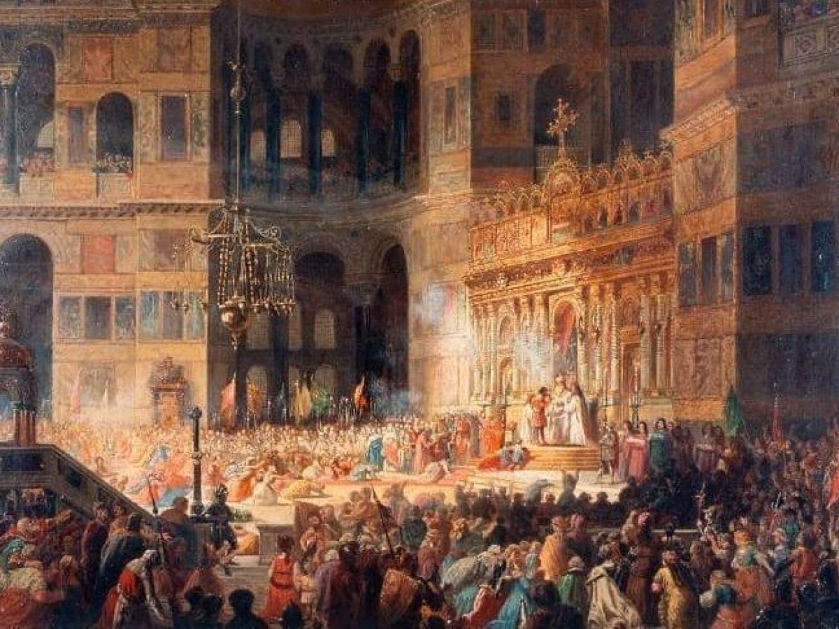 Η Αγία Σοφία κατά τη διάρκεια Θείας Λειτουργίας. Ο πίνακας ντοκουμέντο του Φοσσάτι, που αποτύπωσε όλα τα ψηφιδωτά και τον «Eξαπτέρυγο Aγγελο» πριν καλυφθούν με γύψο